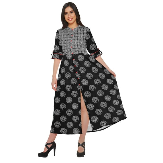 Moomaya Printed Front Slit A-Line Kurtis For Women Short Sleeve Summer Kurta