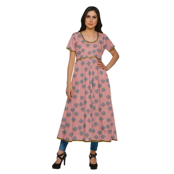 Moomaya Printed Front Slit Dresses For Women Short Sleeve Kurti Summer Wear