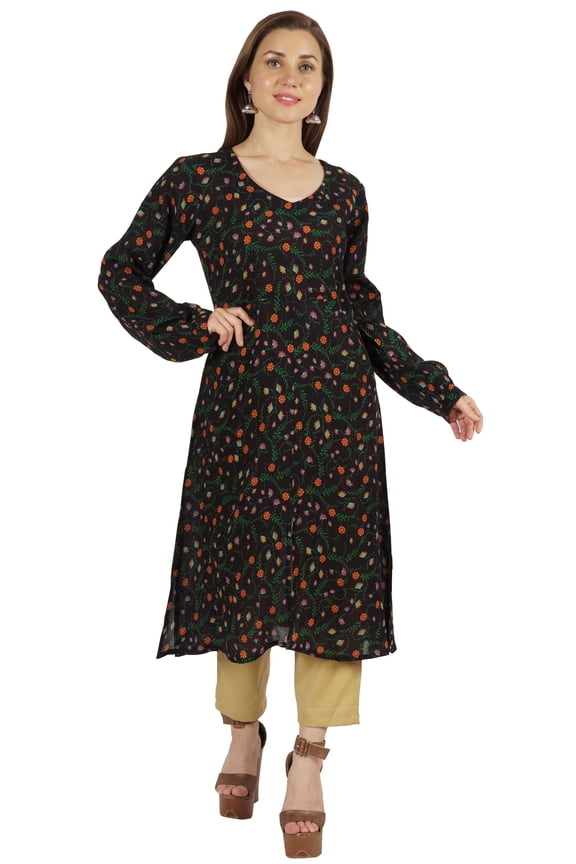 Printed Full Sleeve A-Line Kurti For Women Crinkle Rayon Designer Indian Ethnic Blouse