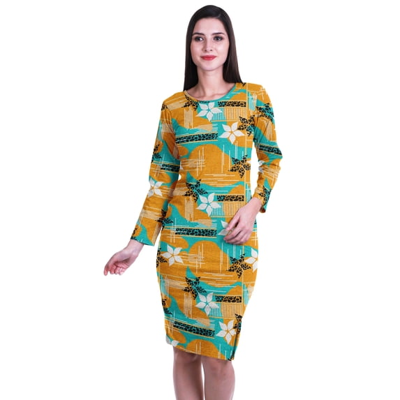 Moomaya Printed Full Sleeve Bodycon Dress for Women Scoop Neck Side Slit Casual Clothing