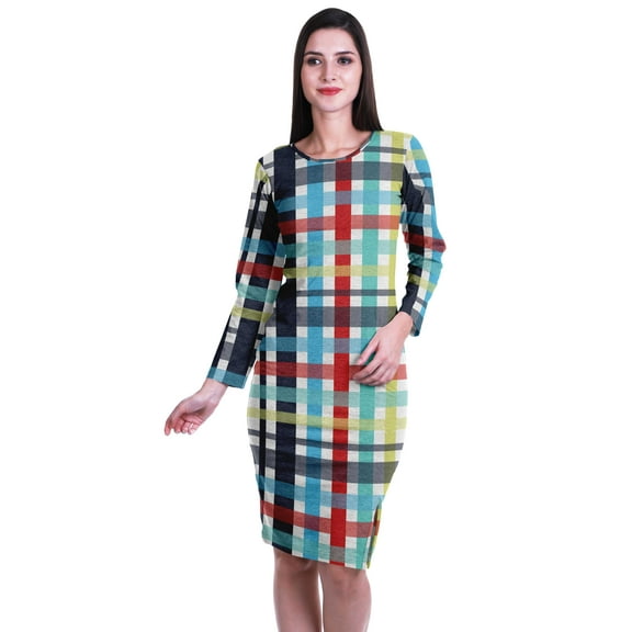 Moomaya Printed Full Sleeve Bodycon Dress for Women Scoop Neck Side Slit Casual Clothing