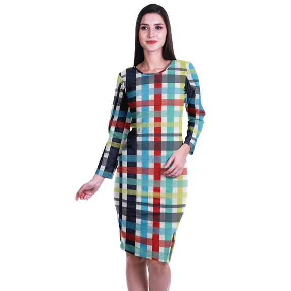 Moomaya Printed Full Sleeve Bodycon Dress for Women Scoop Neck Side Slit Casual Clothing