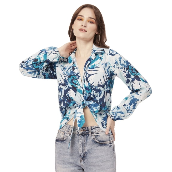 Moomaya Printed Full Sleeve Knot Cropped Shirt, Cotton Summer Top For Women