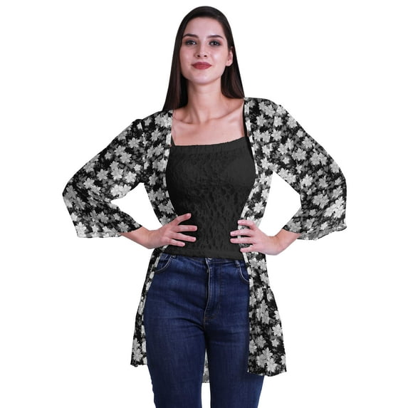Moomaya Printed Georgette Shrug Ruffled Back Drop Hem Beach Cover Up For Women