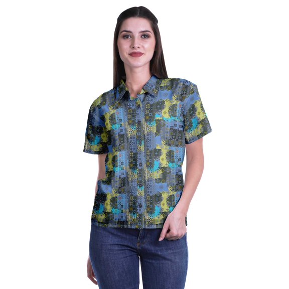 Moomaya Printed Half Sleeve Shirt For Women Button Down Collar Casual Top
