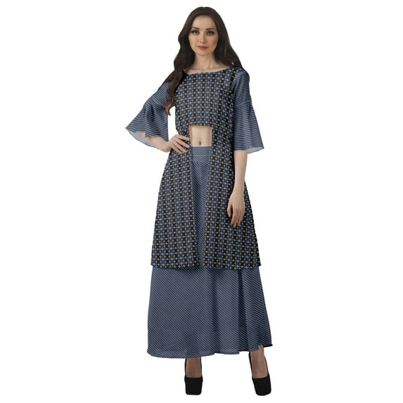 Moomaya Printed High Low Crop Top Kurti Palazzo Set Ethnic Indian Clothing Set For Womens
