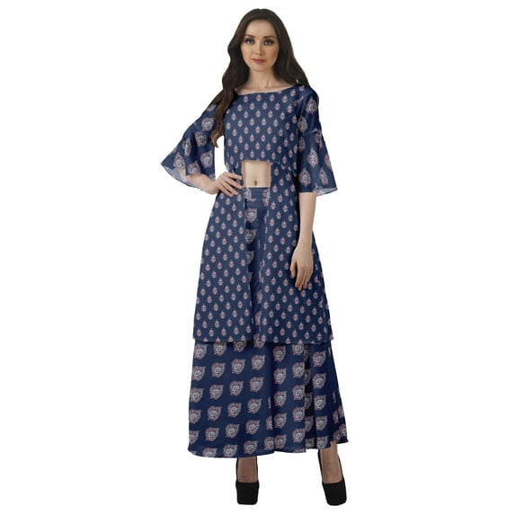 Moomaya Printed High Low Crop Top Kurti Palazzo Set Ethnic Indian Clothing Set For Womens