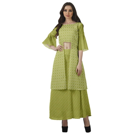 Moomaya Printed High Low Crop Top Kurti Palazzo Set Ethnic Indian Clothing Set For Womens