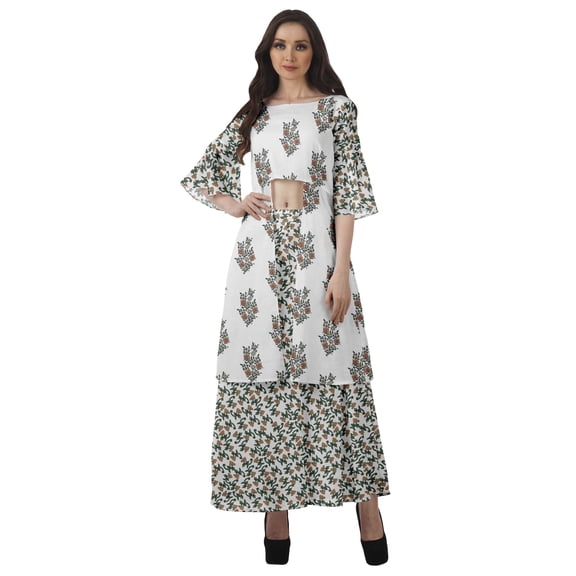 Moomaya Printed High Low Crop Top Kurti Palazzo Set Ethnic Indian Clothing Set For Womens