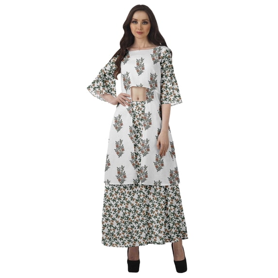 Moomaya Printed High Low Crop Top Kurti Palazzo Set Ethnic Indian Clothing Set For Womens