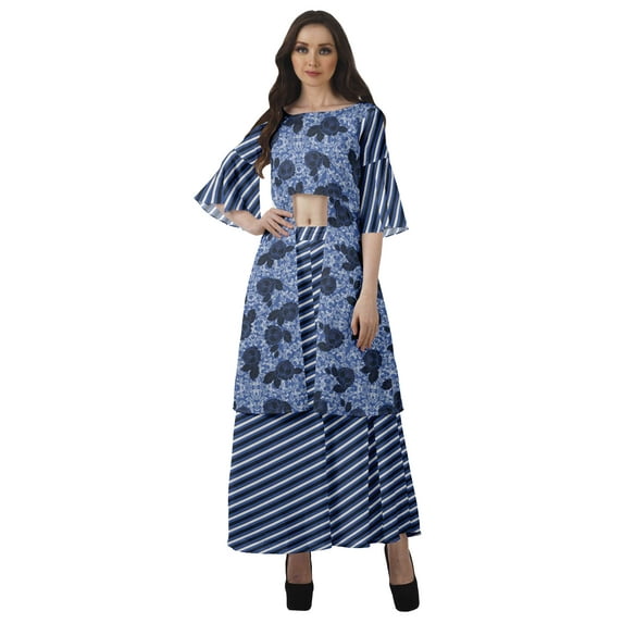 Moomaya Printed High Low Crop Top Kurti Palazzo Set Ethnic Indian Clothing Set For Womens