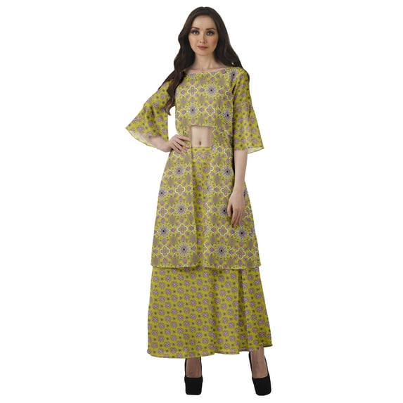 Moomaya Printed High Low Crop Top Kurti Palazzo Set Ethnic Indian Clothing Set For Womens