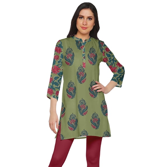 Moomaya Printed Indian Short Kurti Dress Poly Crepe Tunic Close Collar Mini Dress
