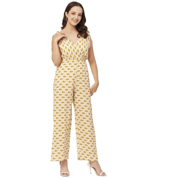 Moomaya Printed Jumpsuit For Women, Sleeveless Tie-Up V-Neck Loose Romper