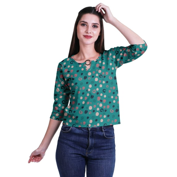 Moomaya Printed Keyhole Neck Ring Top Casual 3/4th Sleeve Tees Tank Tunic Top