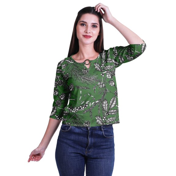 Moomaya Printed Keyhole Neck Ring Top Casual 3/4th Sleeve Tees Tank Tunic Top
