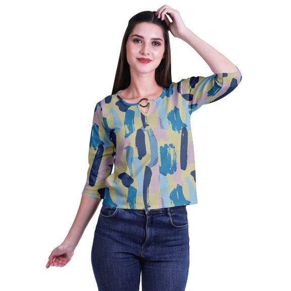 Moomaya Printed Keyhole Neck Ring Top Casual 3/4th Sleeve Tees Tank Tunic Top