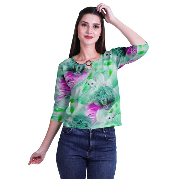 Moomaya Printed Keyhole Neck Ring Top Casual 3/4th Sleeve Tees Tank Tunic Top