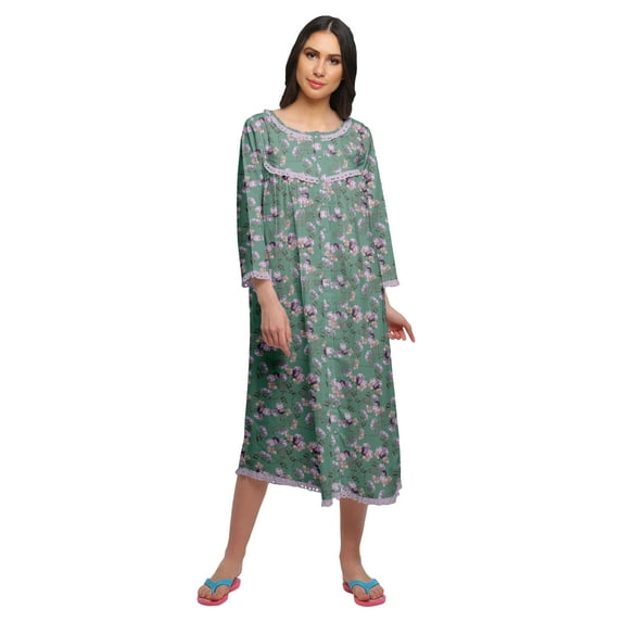 Moomaya Printed Knee Length Cotton Lace Border 3/4th Sleeve Night Gown For Women