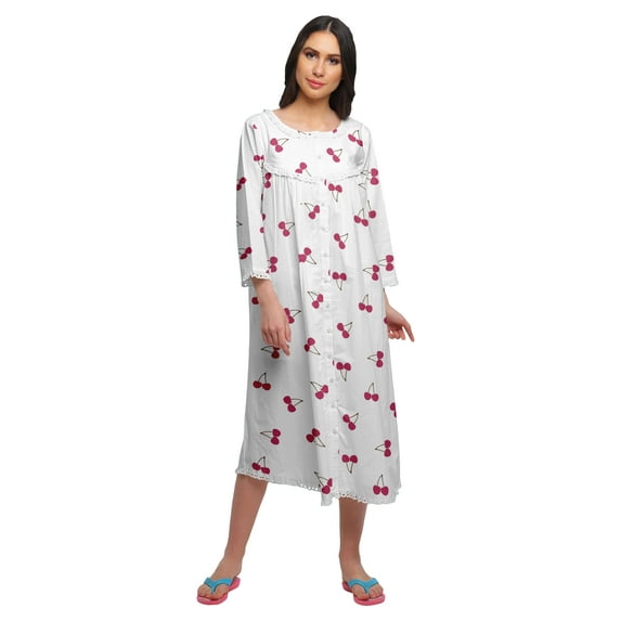 Moomaya Printed Knee Length Cotton Lace Border 3/4th Sleeve Night Gown For Women