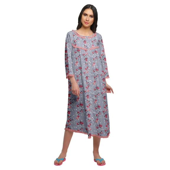 Moomaya Printed Knee Length Cotton Lace Border 3/4th Sleeve Night Gown For Women