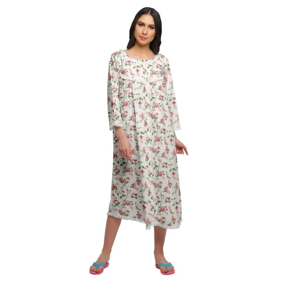 Moomaya Printed Knee Length Cotton Lace Border 3/4th Sleeve Night Gown For Women