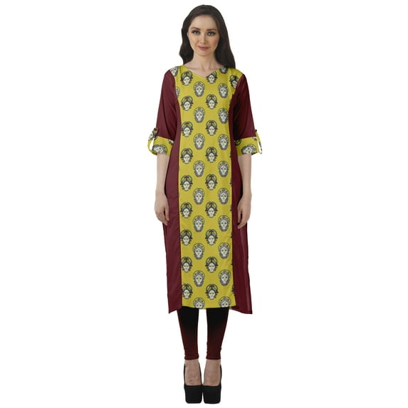 Moomaya Printed Knee Long Kurti Dress V Neck Formal & Party Cotton Ethnic Kurti Top