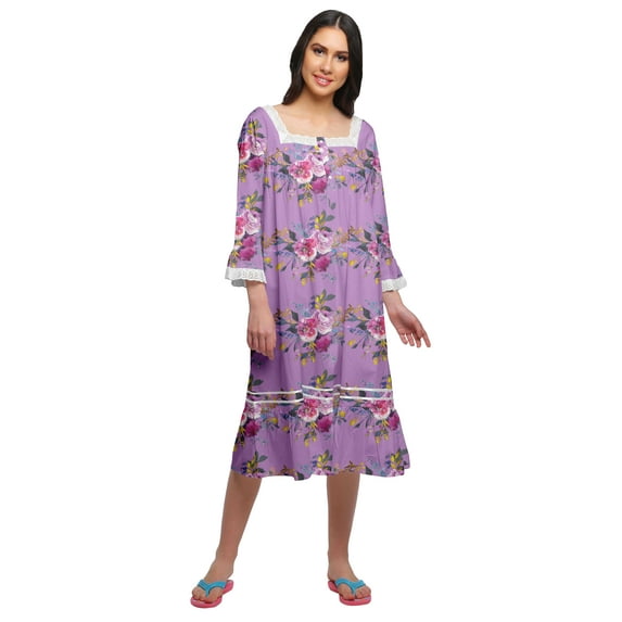Moomaya Printed Lace Neckline Nursing Sleepwear Cotton Button Placket Nightdress