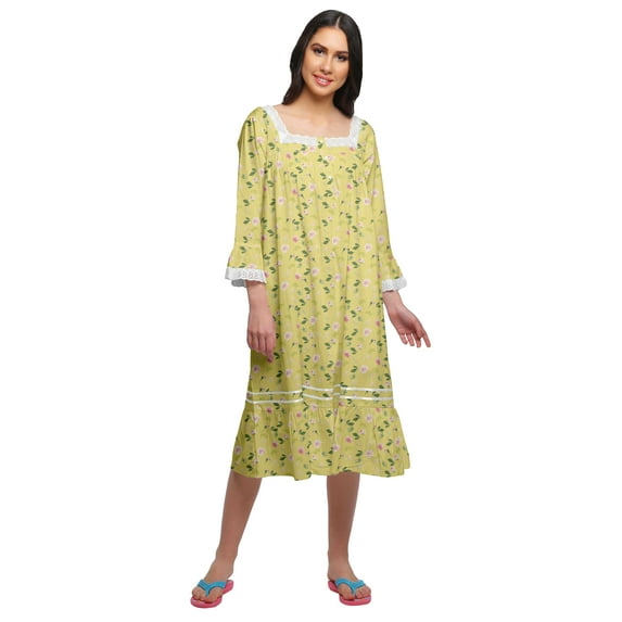 Moomaya Printed Lace Neckline Nursing Sleepwear Cotton Button Placket Nightdress