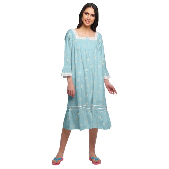 Moomaya Printed Lace Neckline Nursing Sleepwear Cotton Button Placket Nightdress