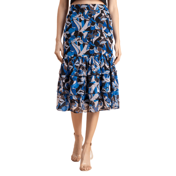 Moomaya Printed Layered Skirt For Women, Elastic Waist, Tiered Chiffon Midi Skirt