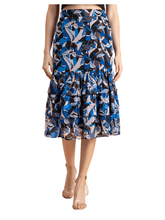 Printed Layered Skirt For Women, Elastic Waist, Tiered Chiffon Midi Skirt