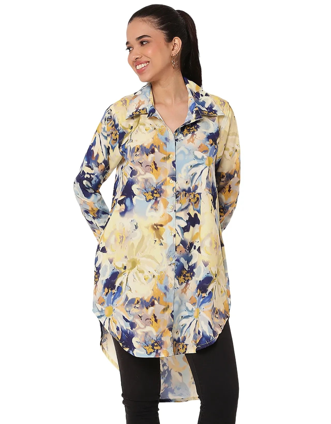 POL Button Down Embroidered Floral High-Low Hem Shirt
