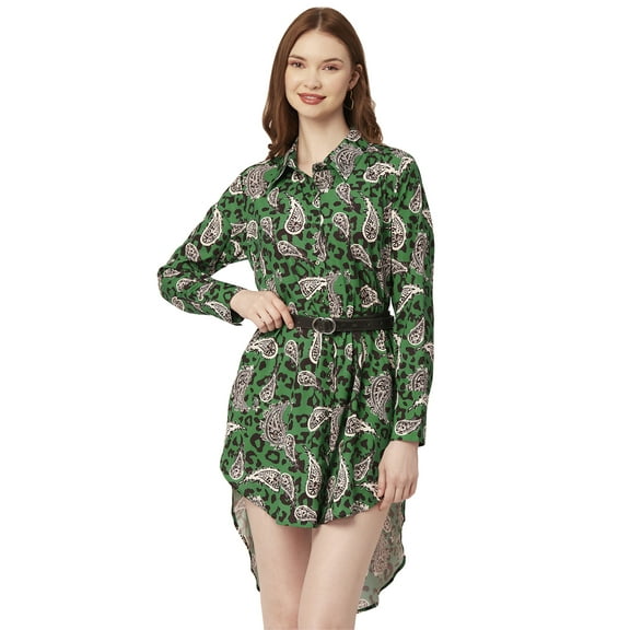Moomaya Printed Long Collared Shirt Dress, Button Down High-Low Hem Shirt Dress