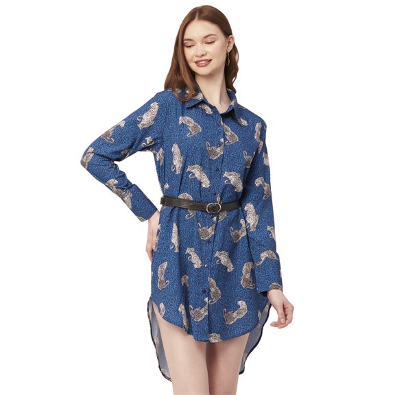 Moomaya Printed Long Collared Shirt Dress, Button Down High-Low Hem Shirt Dress