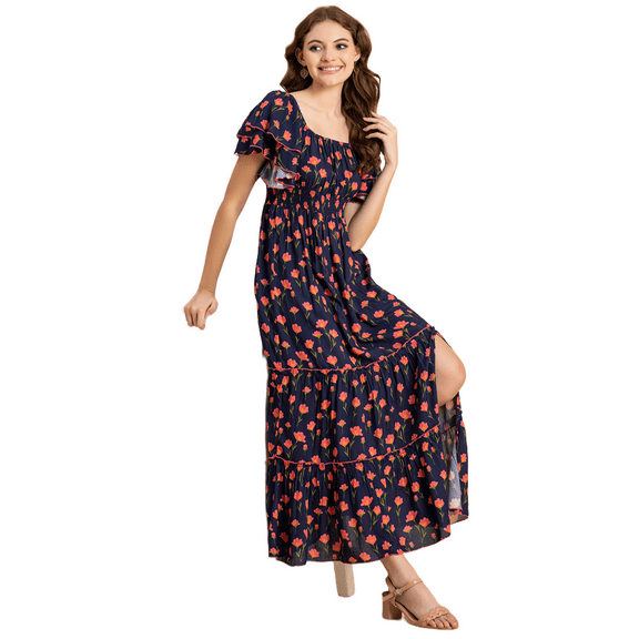 Moomaya Printed Long Dress For Women, Chic Resort Wear Maxi Dress