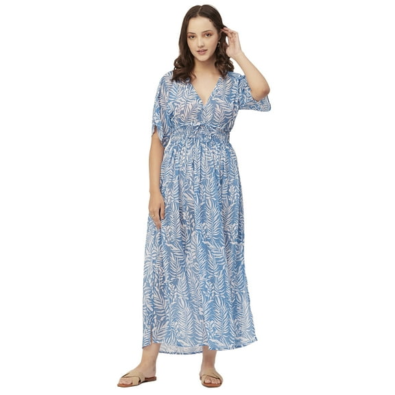 Moomaya Printed Long Dress For Women, V-Neck Short Sleeve Sheer Coverup Maxi Dresses