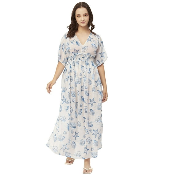 Moomaya Printed Long Dress For Women, V-Neck Short Sleeve Sheer Coverup Maxi Dresses
