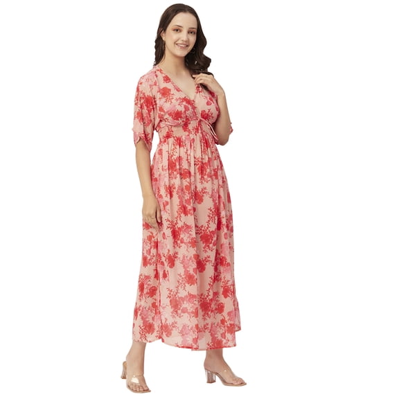 Moomaya Printed Long Dress For Women, V-Neck Short Sleeve Sheer Coverup Maxi Dresses