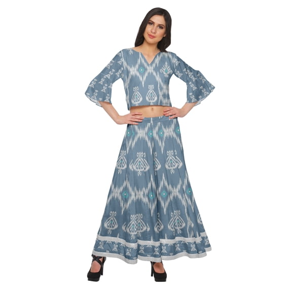 Moomaya Printed Long Palazzo And V- Neck Crop Top Set For Women Ethnic Dresses
