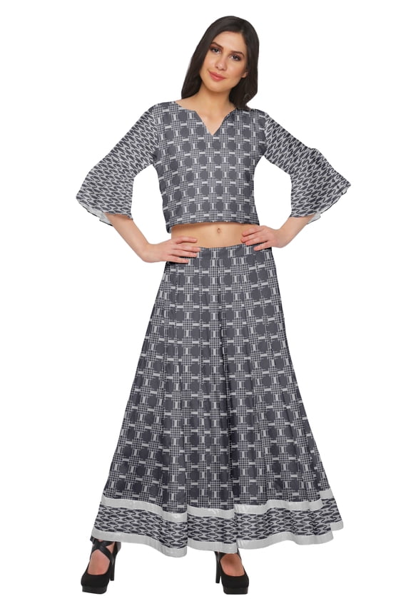 Printed Long Palazzo And V- Neck Crop Top Set For Women Ethnic Dresses