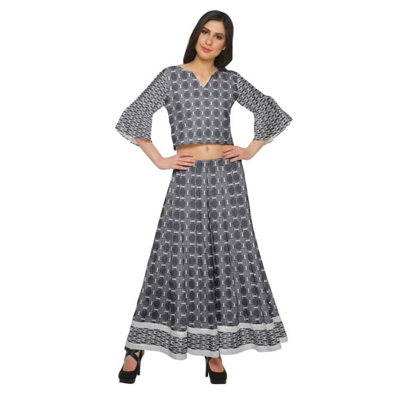 Moomaya Printed Long Palazzo And V- Neck Crop Top Set For Women Ethnic Dresses