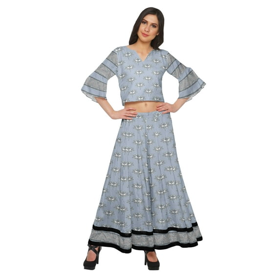 Moomaya Printed Long Palazzo And V- Neck Crop Top Set For Women Ethnic Dresses