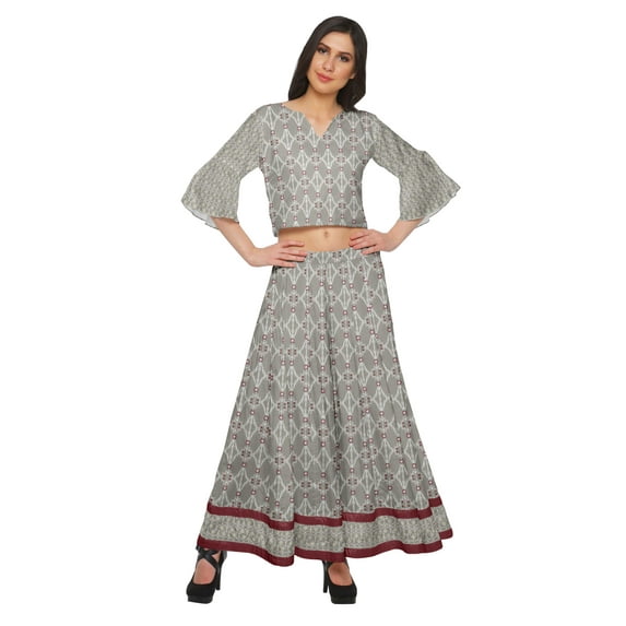 Moomaya Printed Long Palazzo And V- Neck Crop Top Set For Women Ethnic Dresses