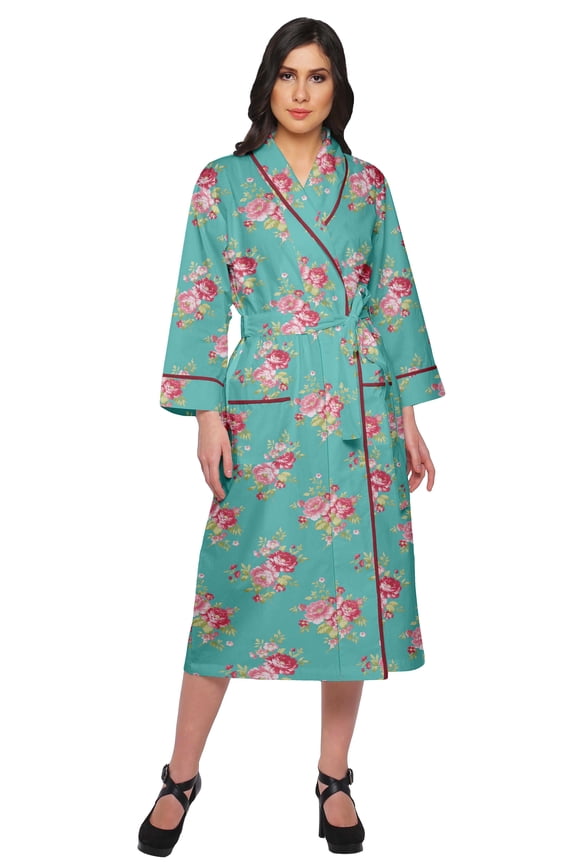 Printed Long Robe With Pockets Cotton Bride Getting Ready Dress