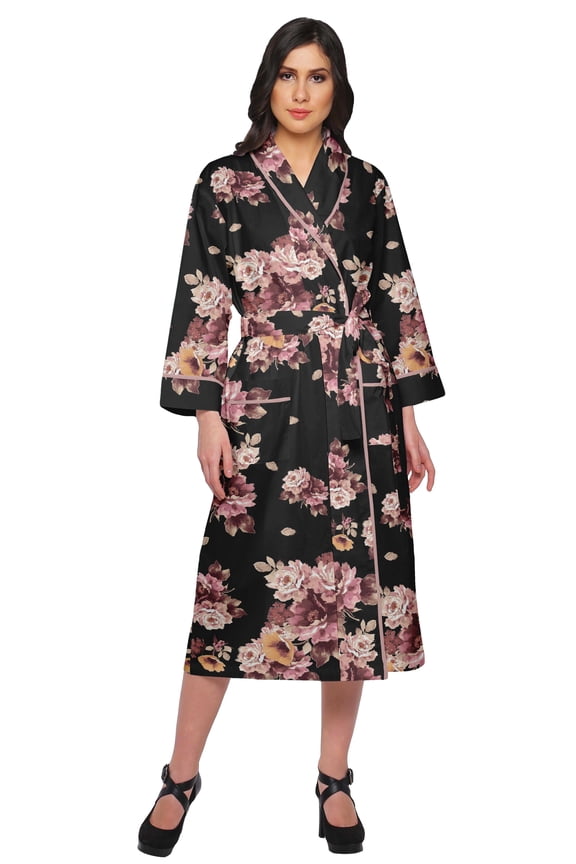 Printed Long Robe With Pockets Cotton Bride Getting Ready Dress