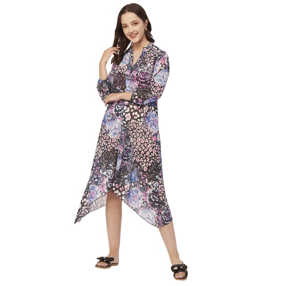 Moomaya Printed Long Sheer Dress For Women, Full Sleeve Poly Georgette Vacation Dresses