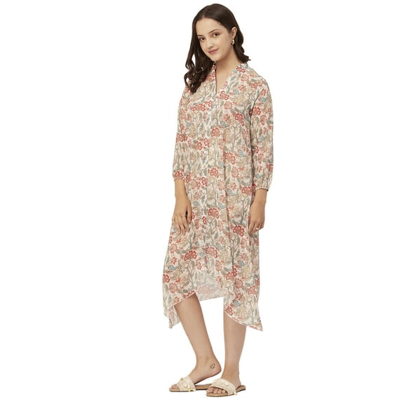 Moomaya Printed Long Sheer Dress For Women, Full Sleeve Poly Georgette Vacation Dresses