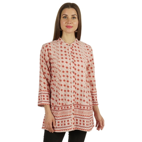 Moomaya Printed Mandarin Collar Pleated Tunic Shirt Casual Long Top For Leggings