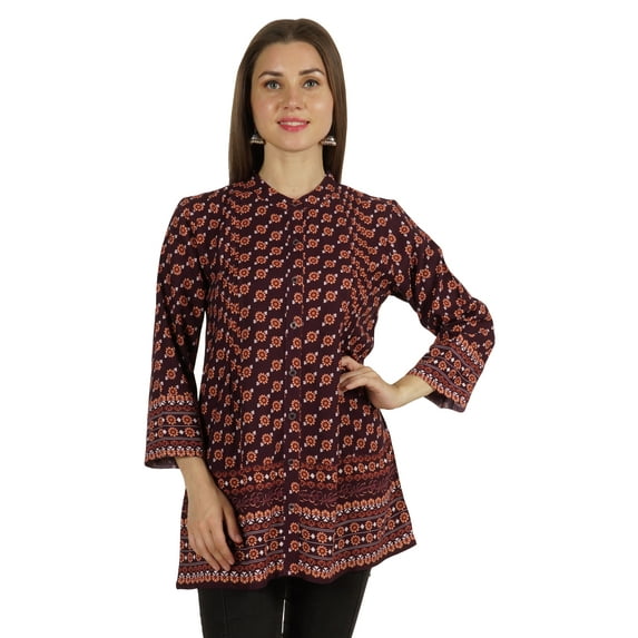 Moomaya Printed Mandarin Collar Pleated Tunic Shirt Casual Long Top For Leggings